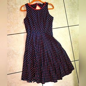 Trollied Dolly navy blue dress with red hearts and piping detail in size large